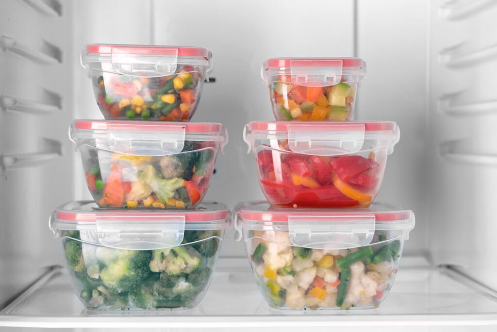 Verduras lavadas y cortadas guardadas en recipientes herméticos, listas para toda la semana