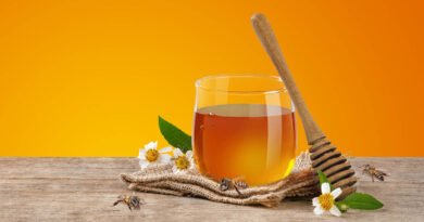Frasco de miel con abeja y cuchara de madera, productos de la colmena